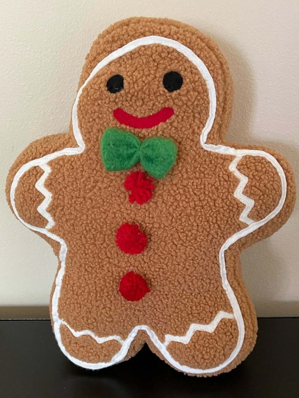 Gingerbread Holiday Pillow — Brown with Green & Red Accents